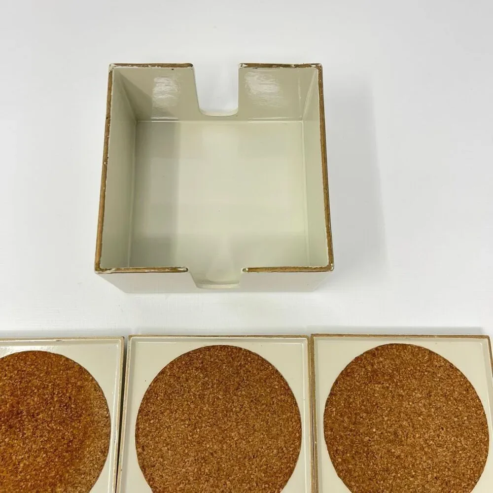 MCM Georges Briard Square Cream Gold Lacquer Ware Set of 6 Coasters Holder Japan